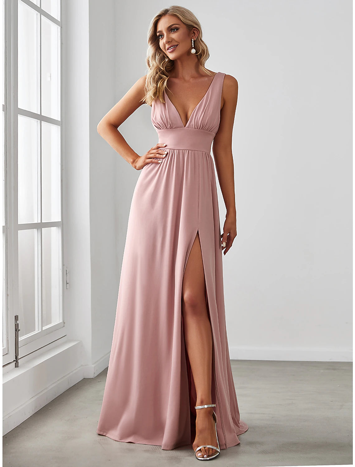 wholesale  A-Line Prom Party Dress High Split Dress Wedding Guest Formal Evening Floor Length Sleeveless V Neck Bridesmaid Dress Chiffon V Back with Slit Pure Color