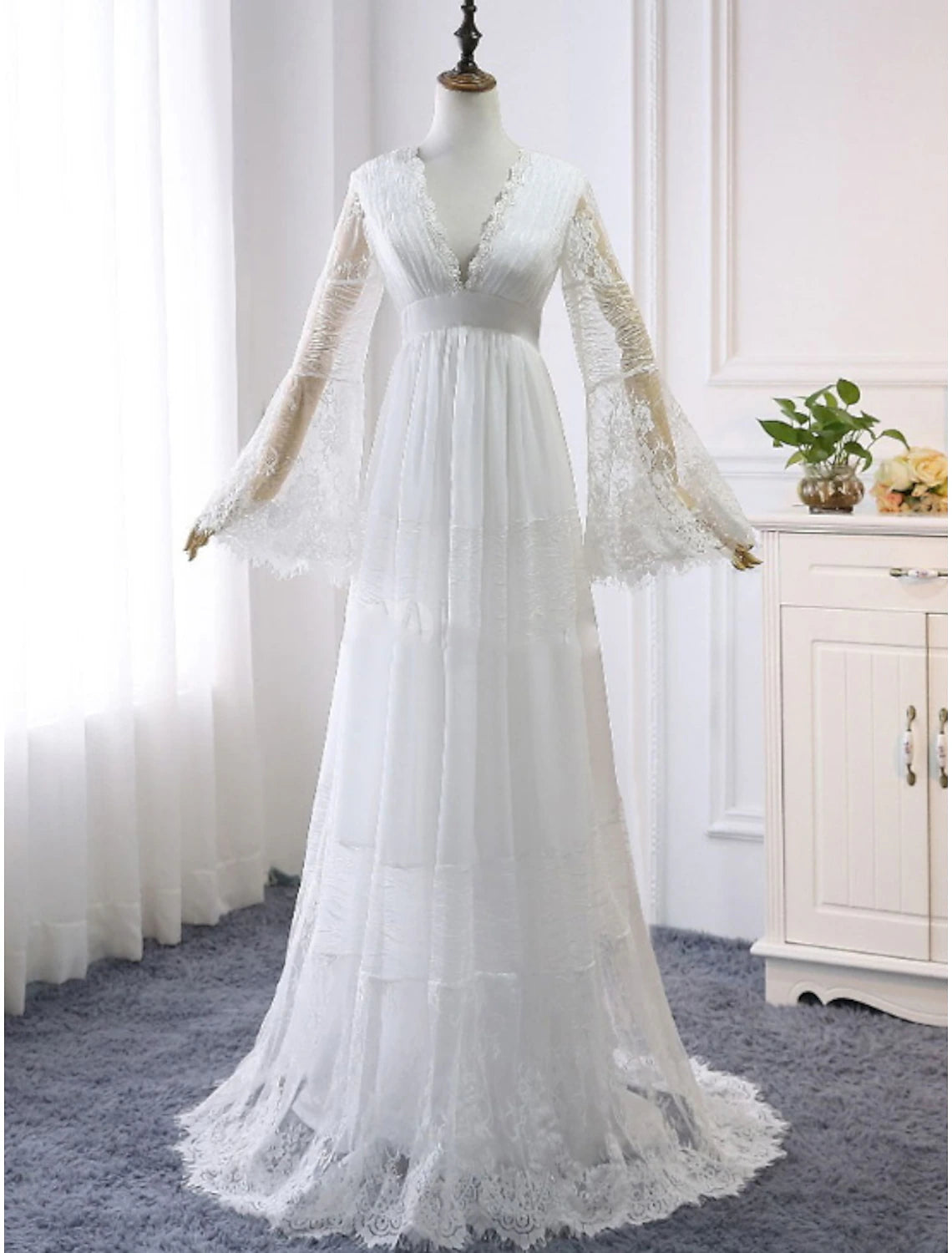 wholesale  Beach Boho Wedding Dresses A-Line V Neck Long Sleeve Floor Length Lace Outdoor Bridal Gowns With Lace