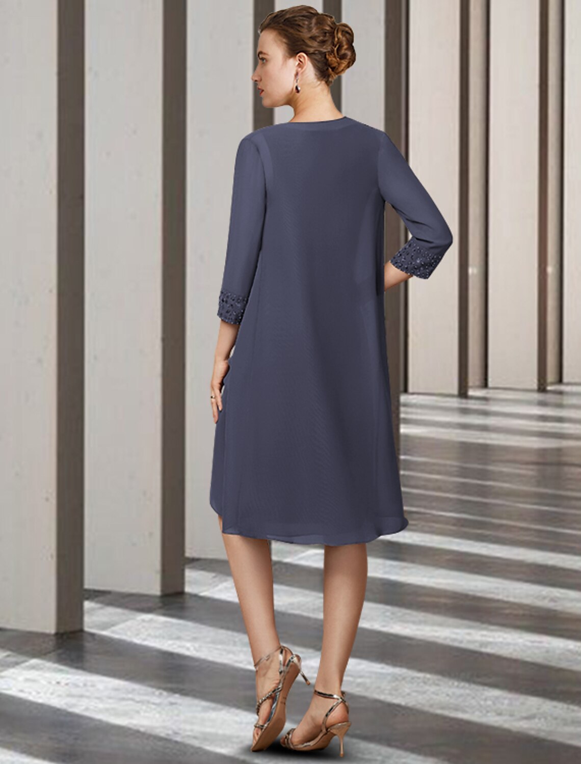 wholesale  Two Piece Sheath / Column Mother of the Bride Dress Elegant Jewel Neck Knee Length Chiffon Sleeveless with Beading