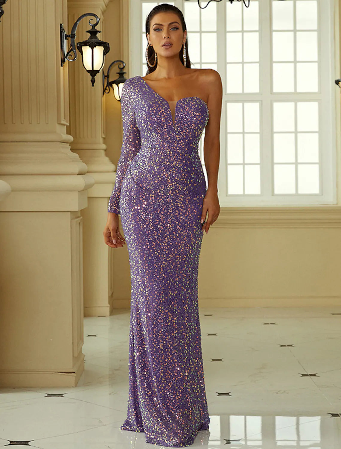 Wholesa Mermaid / Trumpet Evening Gown Sexy Dress Formal Floor Length Long Sleeve One Shoulder Polyester with Sequin