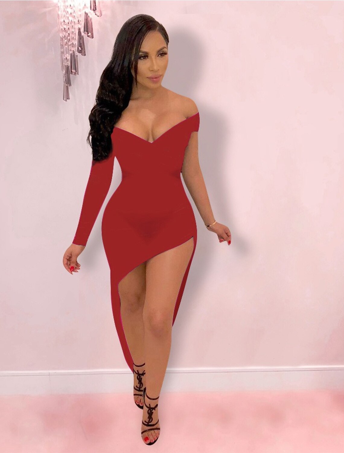 wholesa Hot Sexy Holiday Party Wear Club Dress High Slit V Neck off Shoulder Long Sleeve Bodycon Asymmetrical Spandex with Sleek