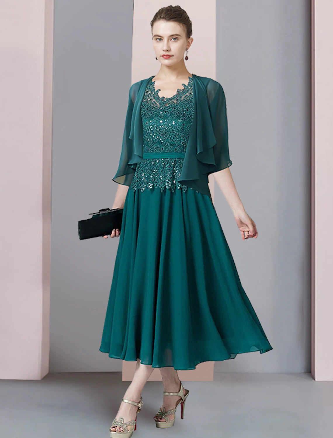 wholesale  Two Piece A-Line Mother of the Bride Dress Formal Wedding Guest Elegant V Neck Tea Length Chiffon Lace Short Sleeve Wrap Included with Sequin Appliques
