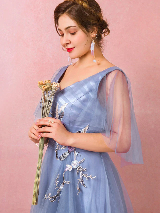 Wholesa A-Line Prom Dresses Chinese Style Dress Prom Floor Length Half Sleeve V Neck Satin with Ruched Embroidery