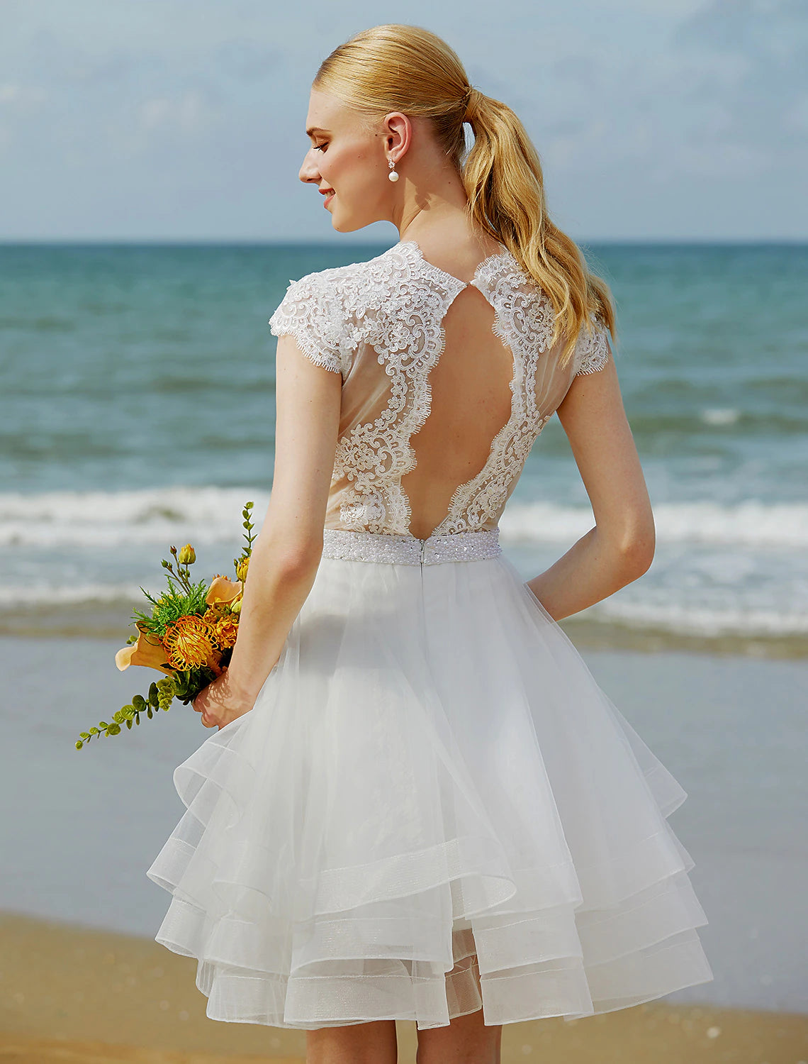 wholesale  Wedding Dresses A-Line V Neck Sleeveless Knee Length Tulle Bridal Gowns With Sash / Ribbon Beading