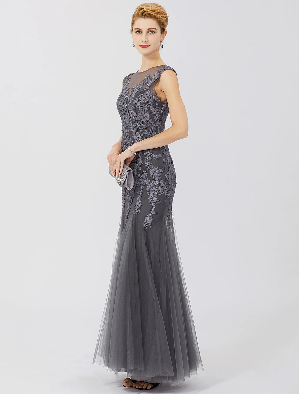 wholesale  Mermaid / Trumpet Mother of the Bride Dress Classic & Timeless Elegant & Luxurious See Through Illusion Neck Floor Length Lace Tulle Sleeveless with Pleats Appliques