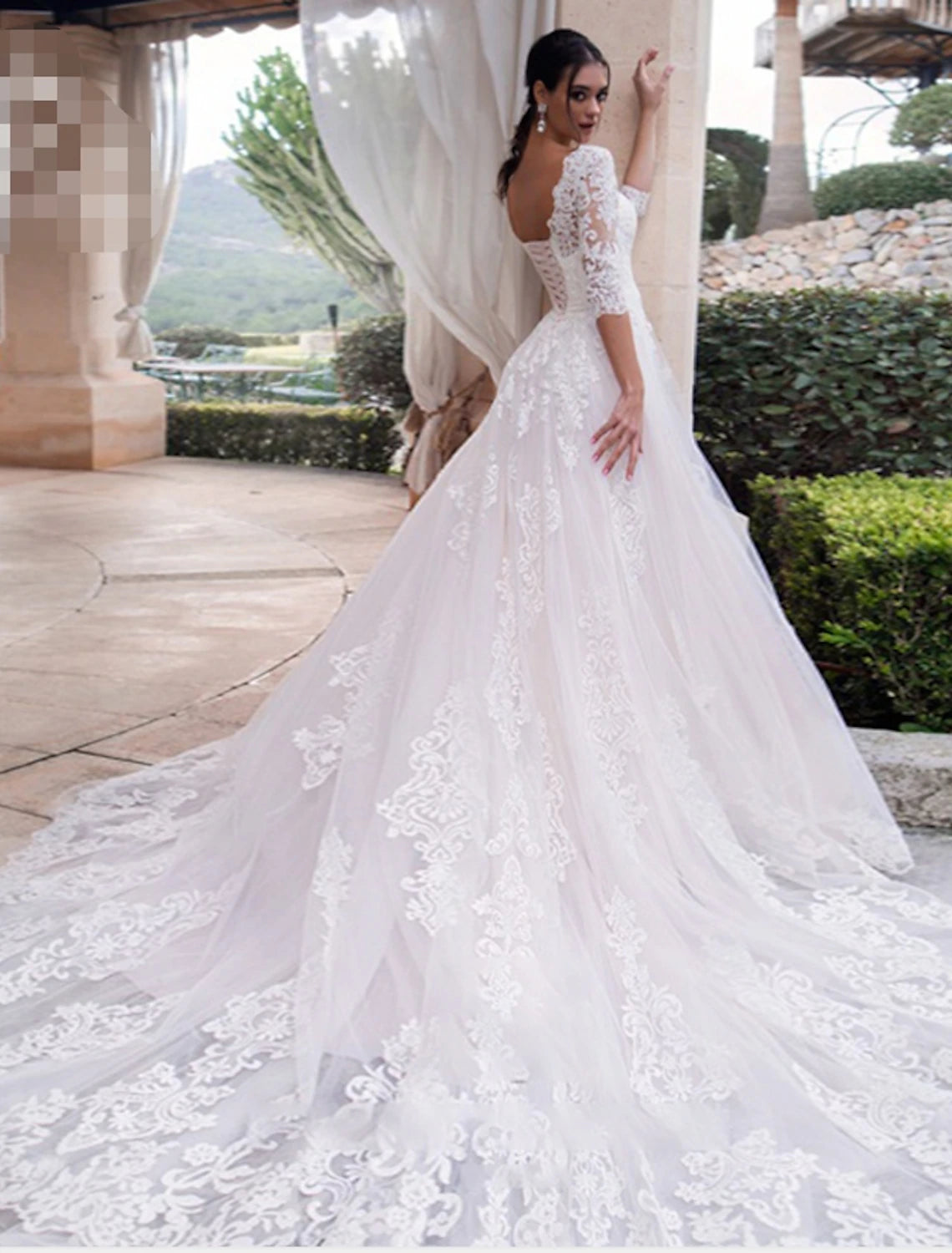 wholesale  Engagement Formal Fall Wedding Dresses Ball Gown Illusion Neck 3/4 Length Sleeve Court Train Lace Bridal Gowns With Appliques