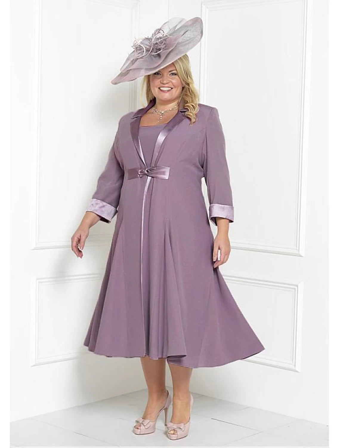 wholesale   Two Piece Sheath / Column Mother of the Bride Dress Church Plus Size Wrap Included Square Neck Tea Length Charmeuse 3/4 Length Sleeve with Sash / Ribbon Ruching