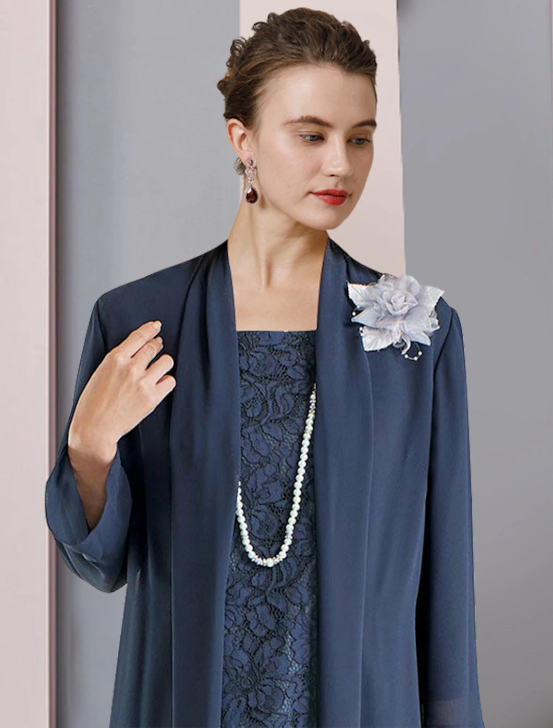 wholesale  Two Piece Sheath / Column Mother of the Bride Dress Formal Wedding Guest Elegant Scoop Neck Tea Length Chiffon Lace 3/4 Length Sleeve Jacket Dresses with Flower