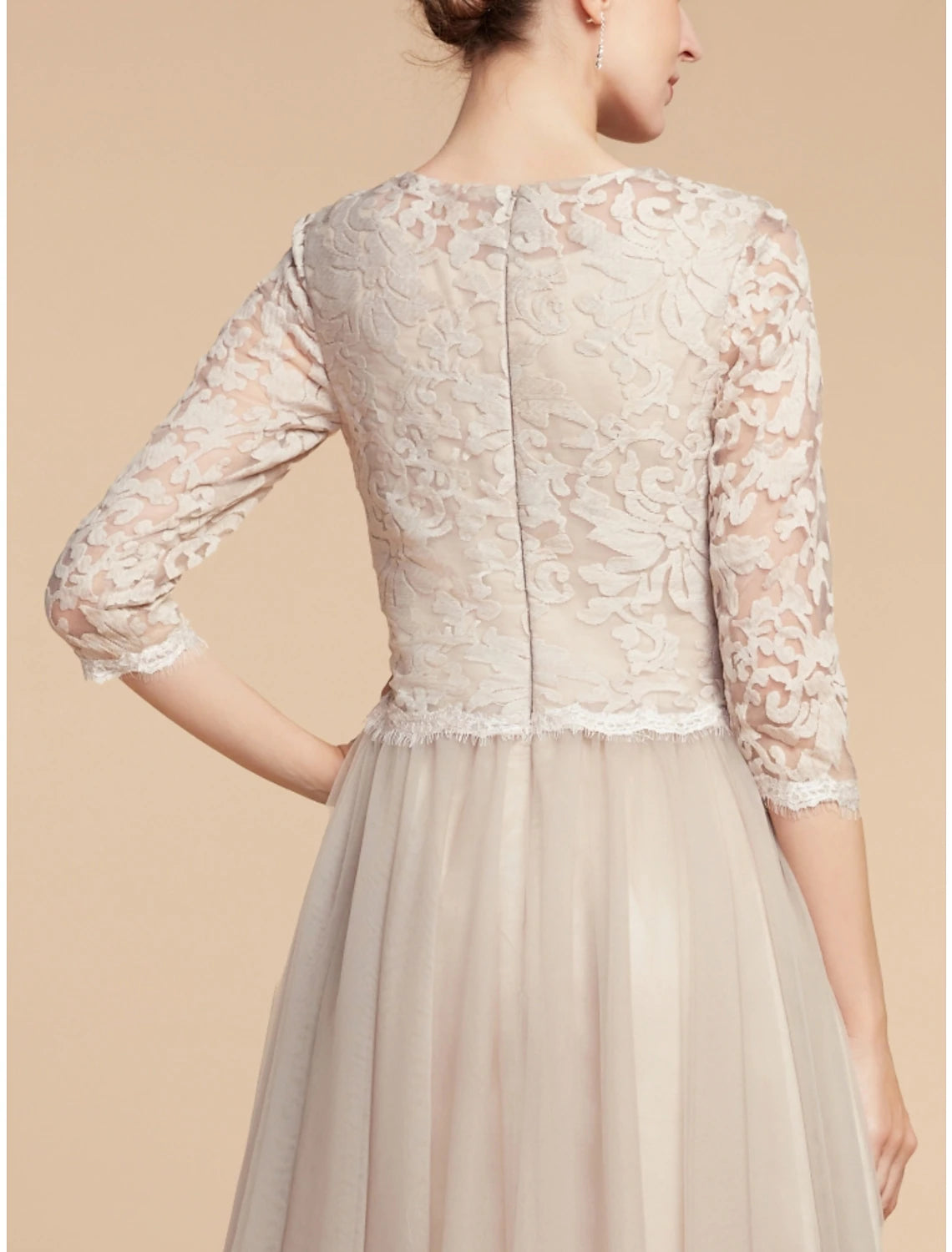 Wholesa  A-Line Mother of the Bride Dress Wedding Guest Elegant Petite Jewel Neck Knee Length Lace Tulle Half Sleeve with Pleats Solid Color