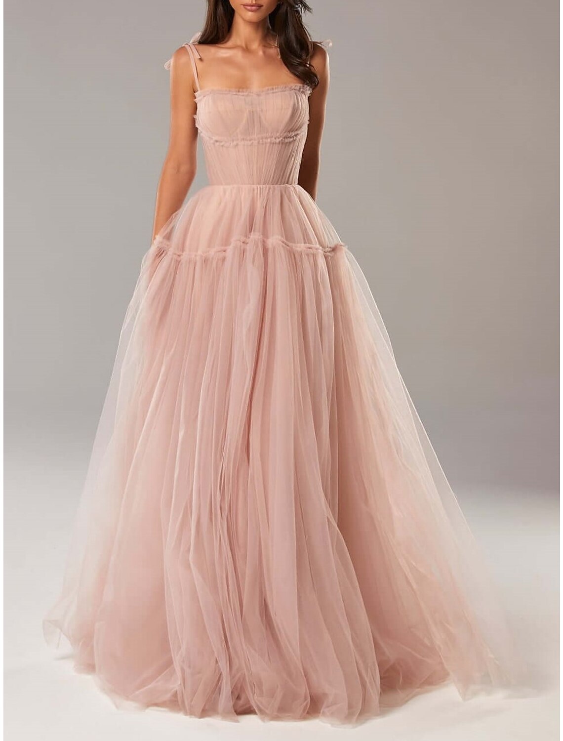 wholesale  A-Line Prom Party Dress Elegant Dress Wedding Guest Prom Floor Length Sleeveless Spaghetti Strap Tulle with Pleats Ruffles