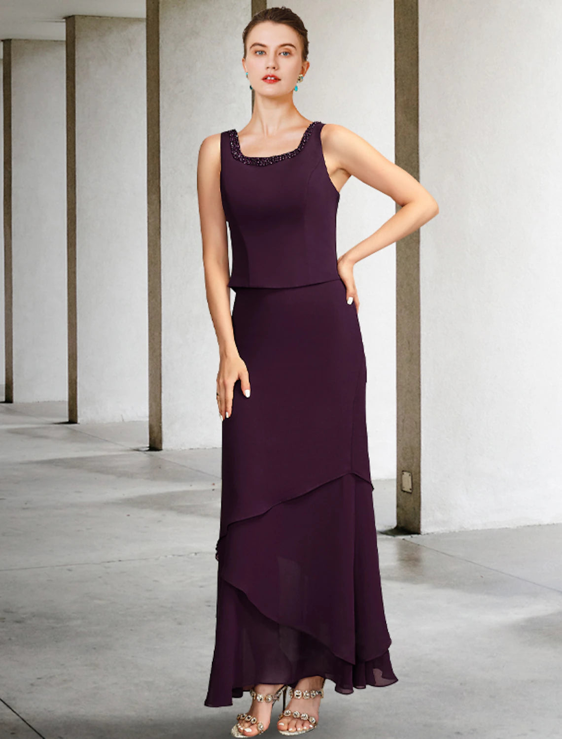 wholesale  Two Piece A-Line Mother of the Bride Dress Plus Size Elegant Square Neck Ankle Length Chiffon Sleeveless Wrap Included Jacket Dresses with Pearls Beading Tier