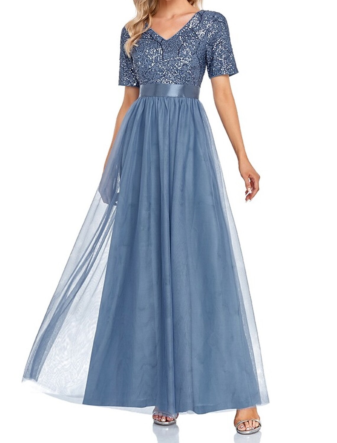wholesa A-Line Evening Gown Sparkle & Shine Dress Wedding Guest Prom Floor Length Short Sleeve V Neck Bridesmaid Dress Tulle with Sequin Splicing
