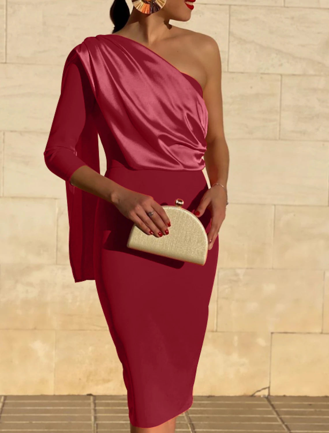 wholesale  Sheath / Column Cocktail Dresses Vintage Dress Fall Wedding Guest Dress Knee Length 3/4 Length Sleeve One Shoulder Stretch Fabric with Draping