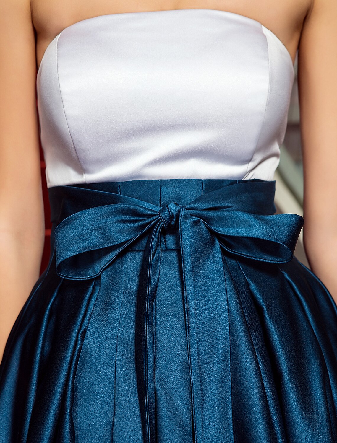 Wholesa A-Line Chic & Modern Color Block Minimalist Formal Evening Black Tie Gala Dress Strapless Backless Sleeveless Asymmetrical Satin with Bow(s) Pleats / High Low