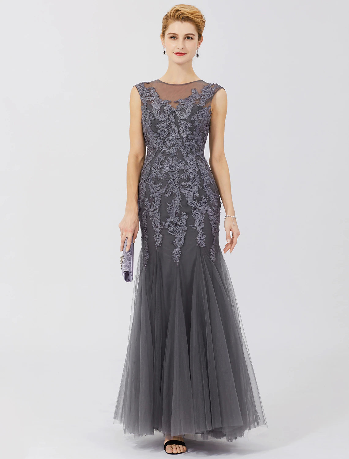 wholesale  Mermaid / Trumpet Mother of the Bride Dress Classic & Timeless Elegant & Luxurious See Through Illusion Neck Floor Length Lace Tulle Sleeveless with Pleats Appliques