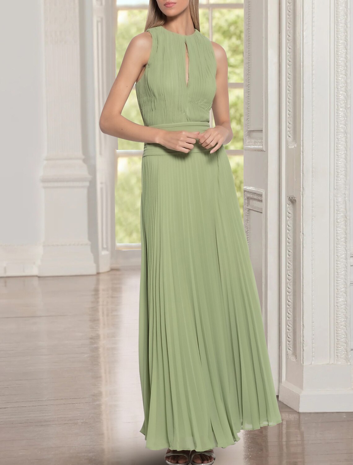 Wholesa Two Piece A-Line Mother of the Bride Dress Formal Wedding Guest Elegant Jewel Neck Ankle Length Chiffon Sleeveless with Ruching Solid Color