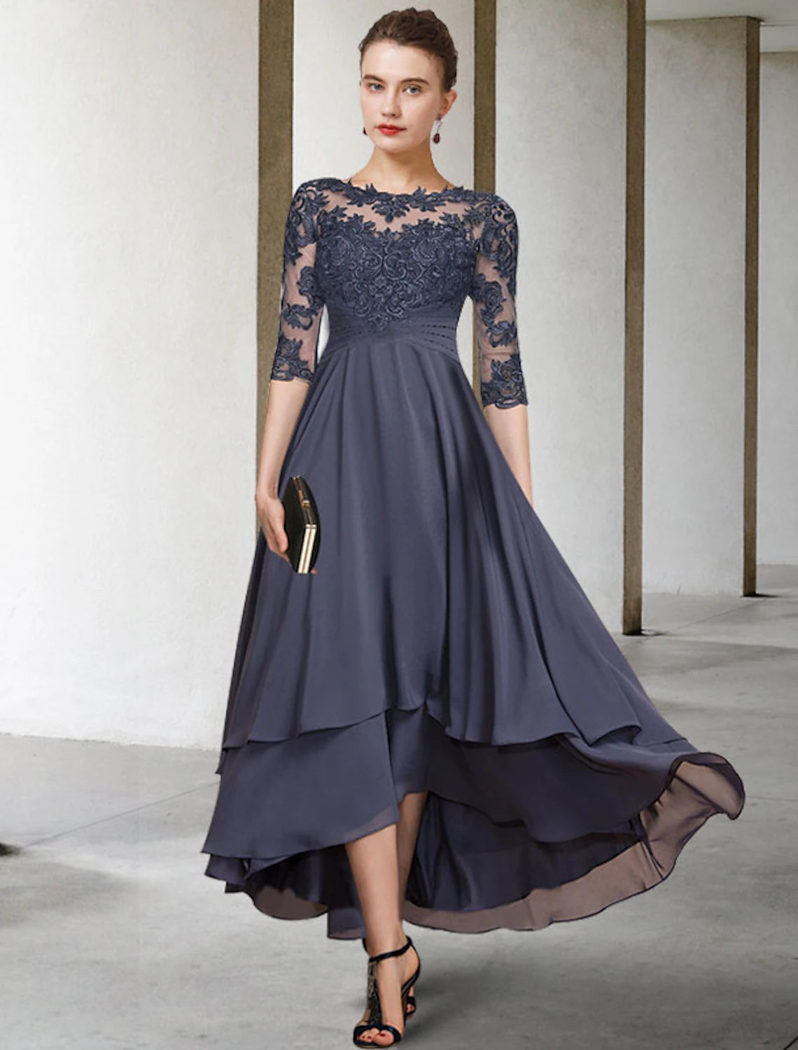 wholesale  A-Line Mother of the Bride Dress Plus Size Elegant High Low Jewel Neck Asymmetrical Tea Length Chiffon Lace Short Sleeve with Ruched Beading Appliques