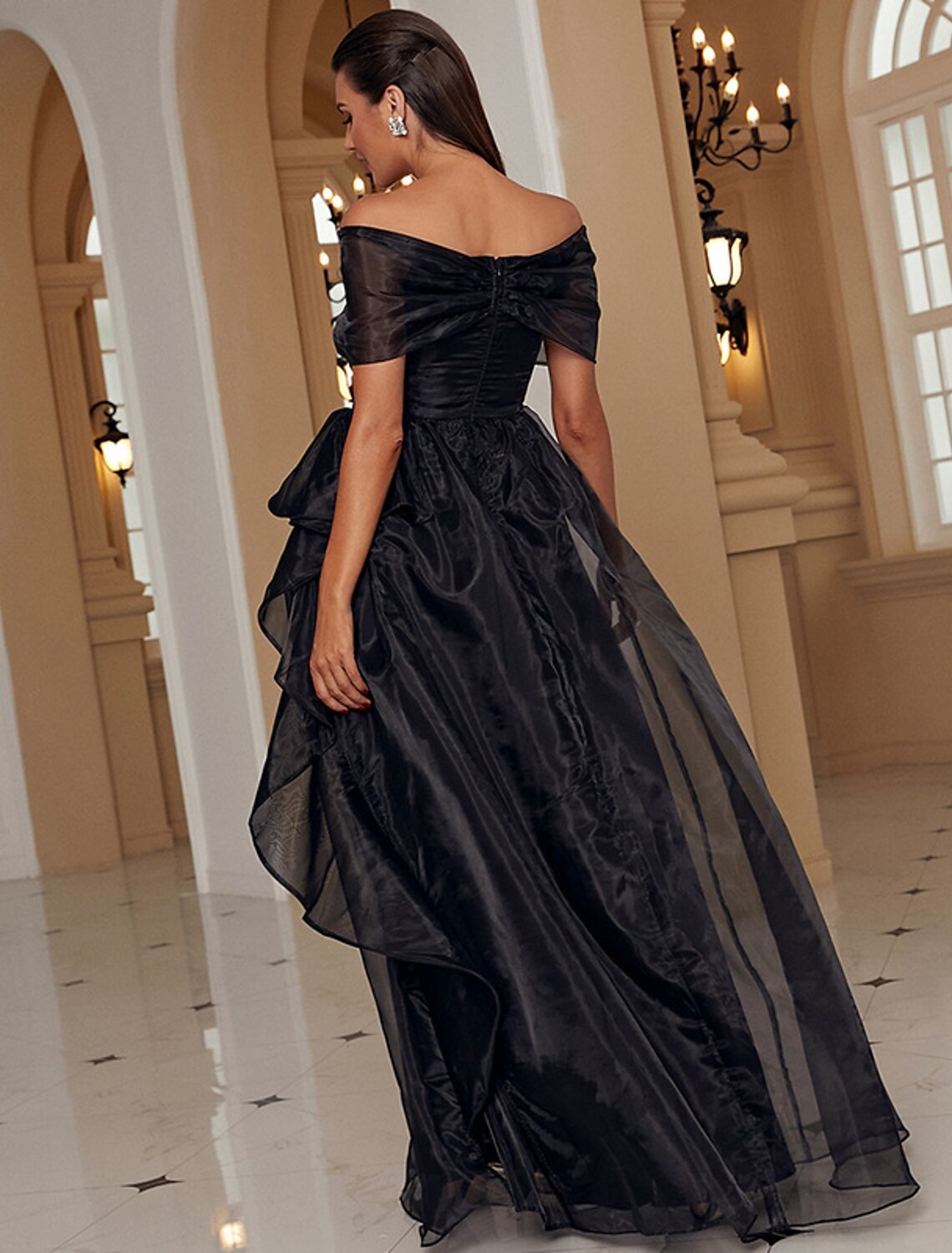 Wholesa  A-Line Evening Gown Sexy Dress Formal Wedding Guest Floor Length Short Sleeve Off Shoulder Wednesday Addams Family Polyester with Ruffles Slit