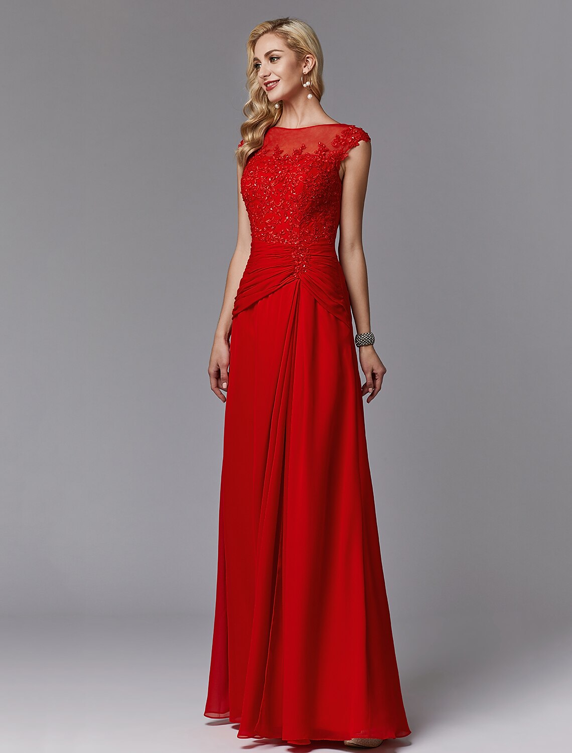 wholesale  Sheath / Column Mother of the Bride Dress Chinese Style See Through Illusion Detail Boat Neck Floor Length Chiffon Lace Sleeveless with Pleats Beading Appliques