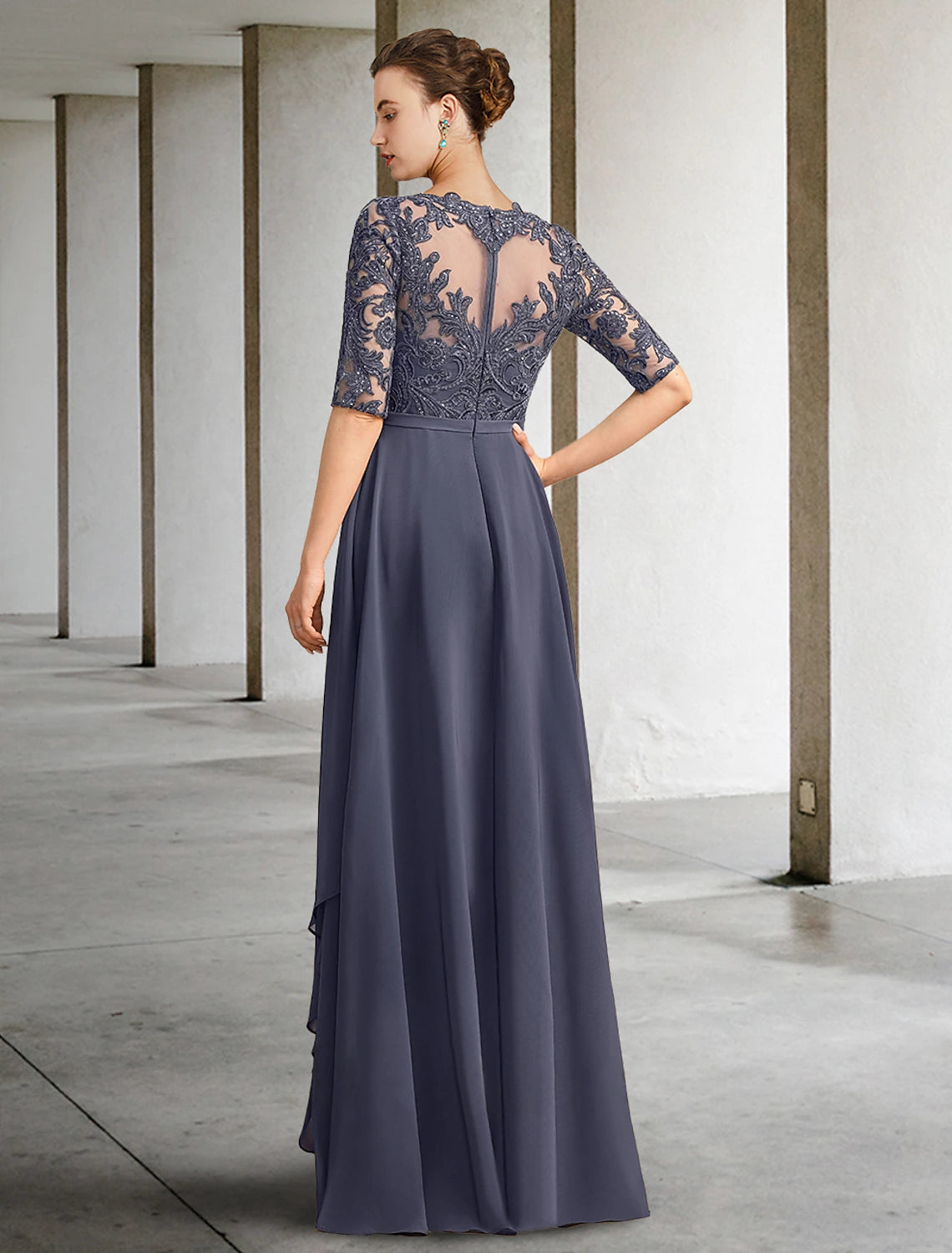 Wholesa  A-Line Mother of the Bride Dress Formal Wedding Guest Elegant Scoop Neck Floor Length Chiffon Lace Half Sleeve with Bow(s) Sequin