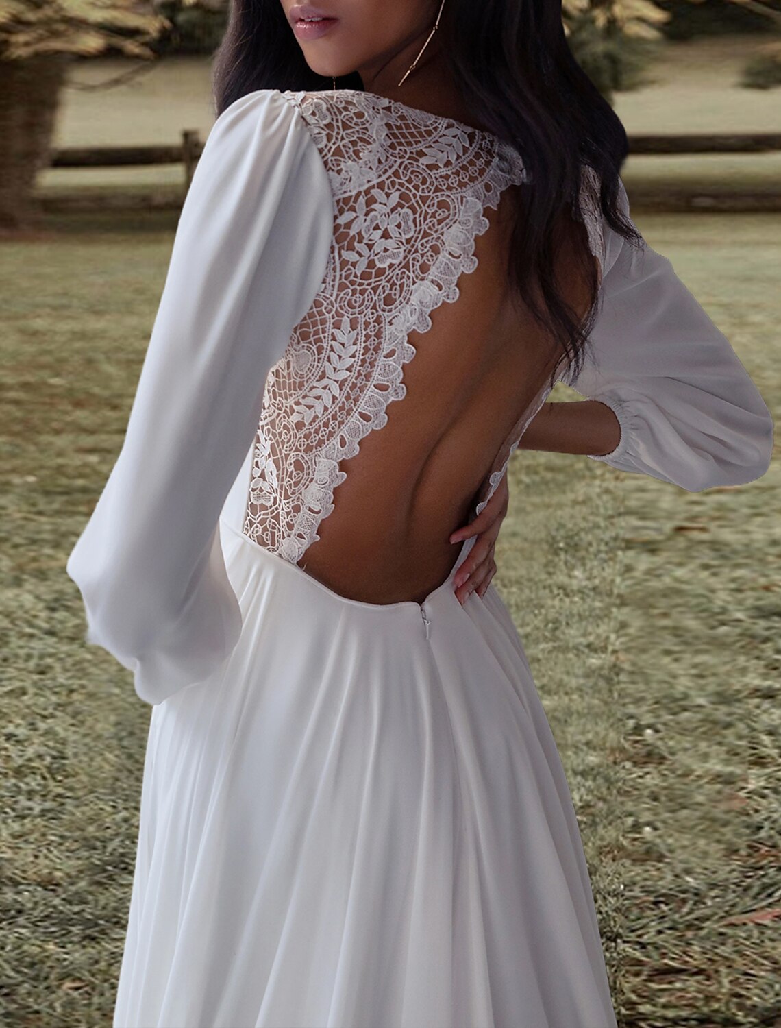 Wholesa Open Back Wedding Dresses A-Line V Neck Long Sleeve Sweep / Brush Train Chiffon Bridal Gowns With Pleats