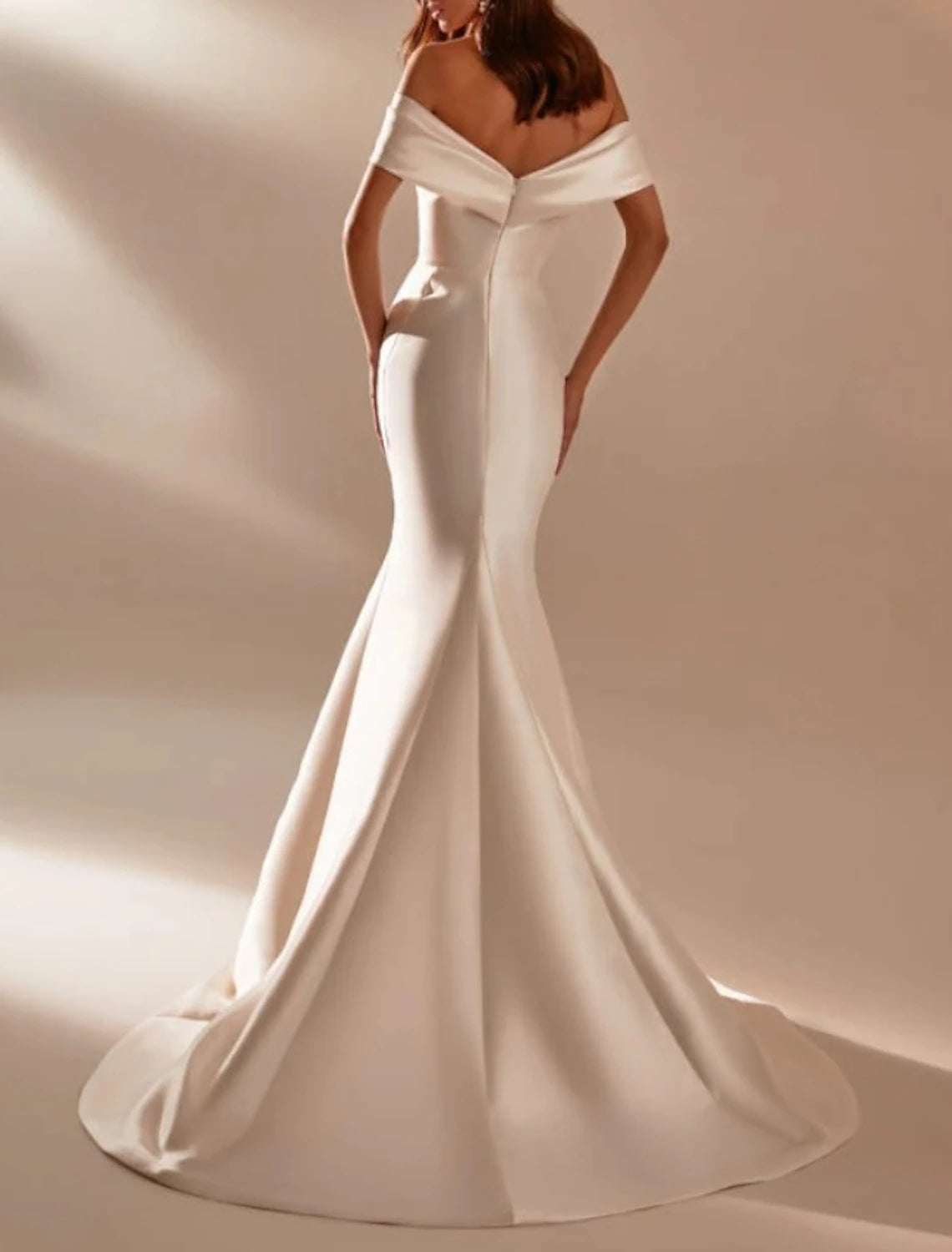 Wholesa Engagement Formal Wedding Dresses Mermaid / Trumpet Off Shoulder Cap Sleeve Court Train Satin Bridal Gowns With Bow(s)