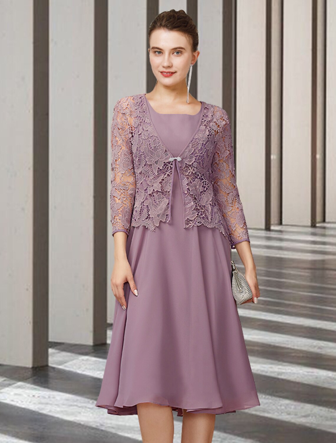 wholesale  Two Piece A-Line Mother of the Bride Dress Elegant Jewel Neck Knee Length Chiffon Lace Sleeveless with Solid Color