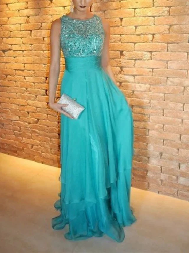Wholesa A-Line Evening Gown Tiered Prom Dress Formal Sweep / Brush Train Sleeveless Jewel Neck Chiffon with Rhinestone