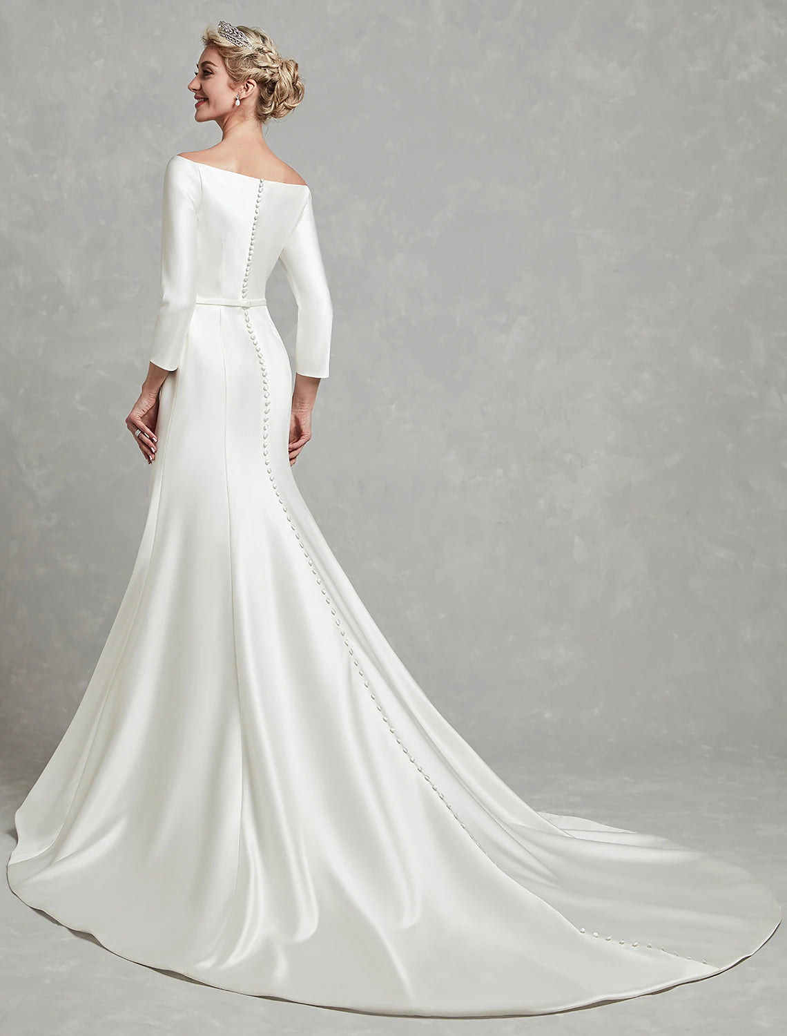 Wholesa Simple Wedding Dresses Mermaid / Trumpet Off Shoulder 3/4 Length Sleeve Chapel Train Satin Bridal Gowns With Pleats Summer Wedding Party