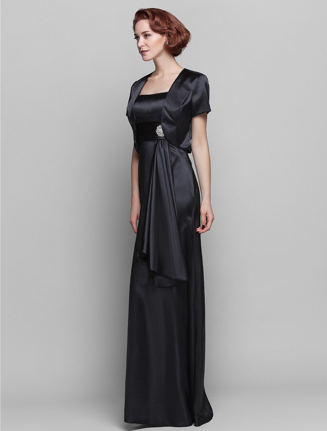 wholesale  Sheath / Column Mother of the Bride Dress Wrap Included Spaghetti Strap Floor Length Stretch Satin Short Sleeve with Ruched Tassel Crystal Brooch
