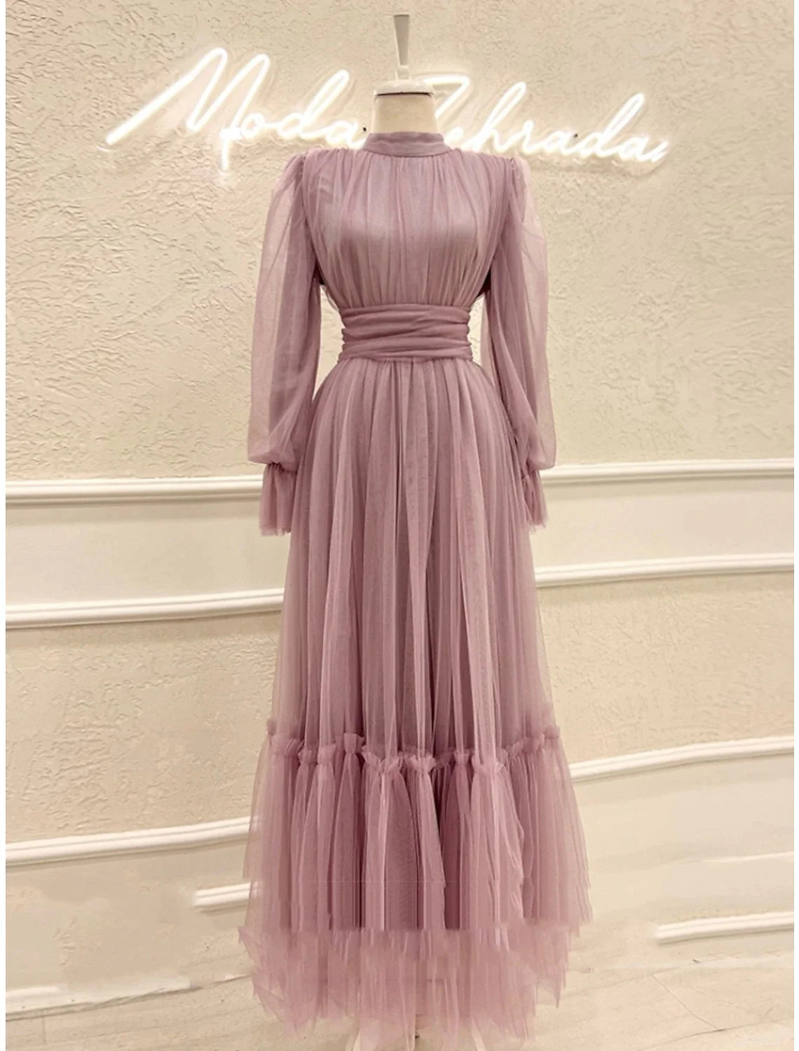 Wholesa A-Line Prom Dresses Elegant Dress Formal Ankle Length Long Sleeve High Neck Tulle with Pleats Ruched