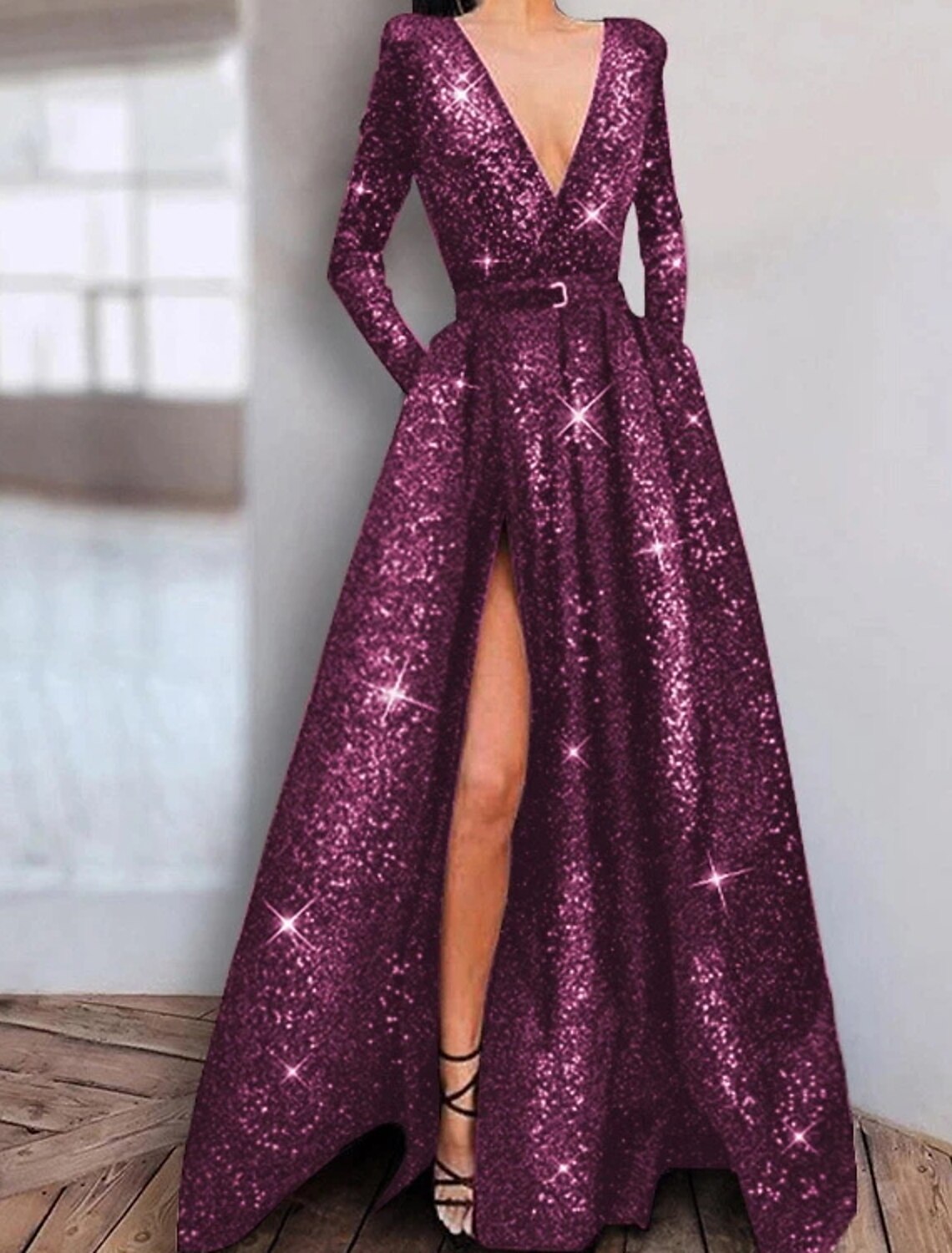 Wholesa A-Line Prom Dresses Sparkle Dress Wedding Guest Engagement Floor Length Long Sleeve V Neck Stretch Satin with Sequin Slit