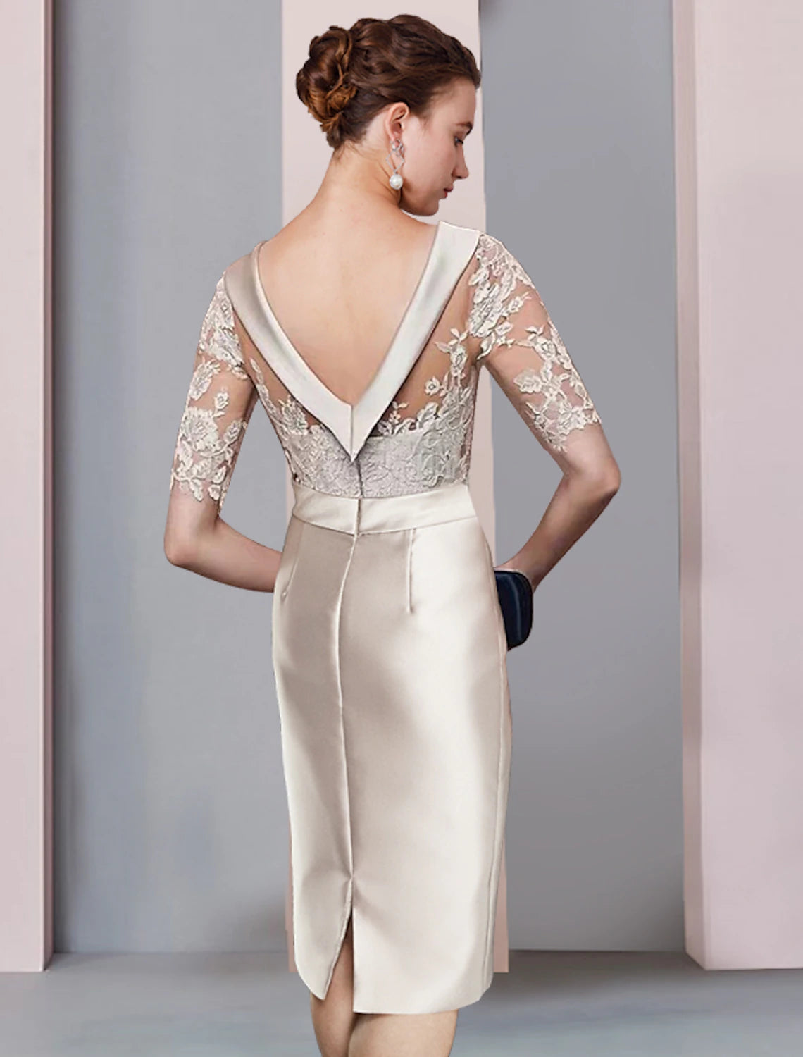 wholesale  Sheath / Column Mother of the Bride Dress Wedding Guest Elegant Scoop Neck Knee Length Satin Lace Half Sleeve with Bow(s) Appliques