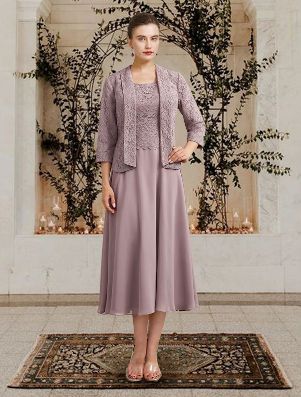 wholesale  Two Piece A-Line Mother of the Bride Dress Church Elegant Jewel Neck Floor Length Tea Length Chiffon Lace Sleeveless Short Jacket Dresses with Ruffles Appliques