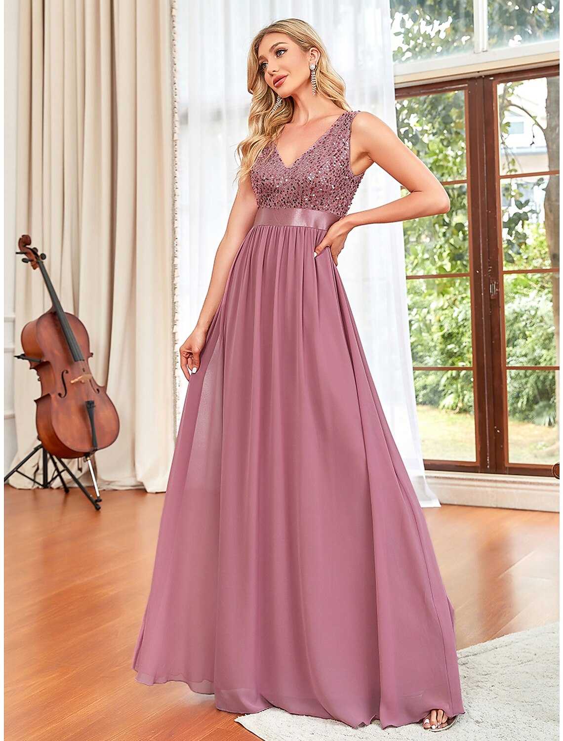 Wholesa A-Line Prom Dresses Sparkle & Shine Dress Wedding Guest Prom Floor Length Sleeveless V Neck Chiffon V Back with Draping Pure Color