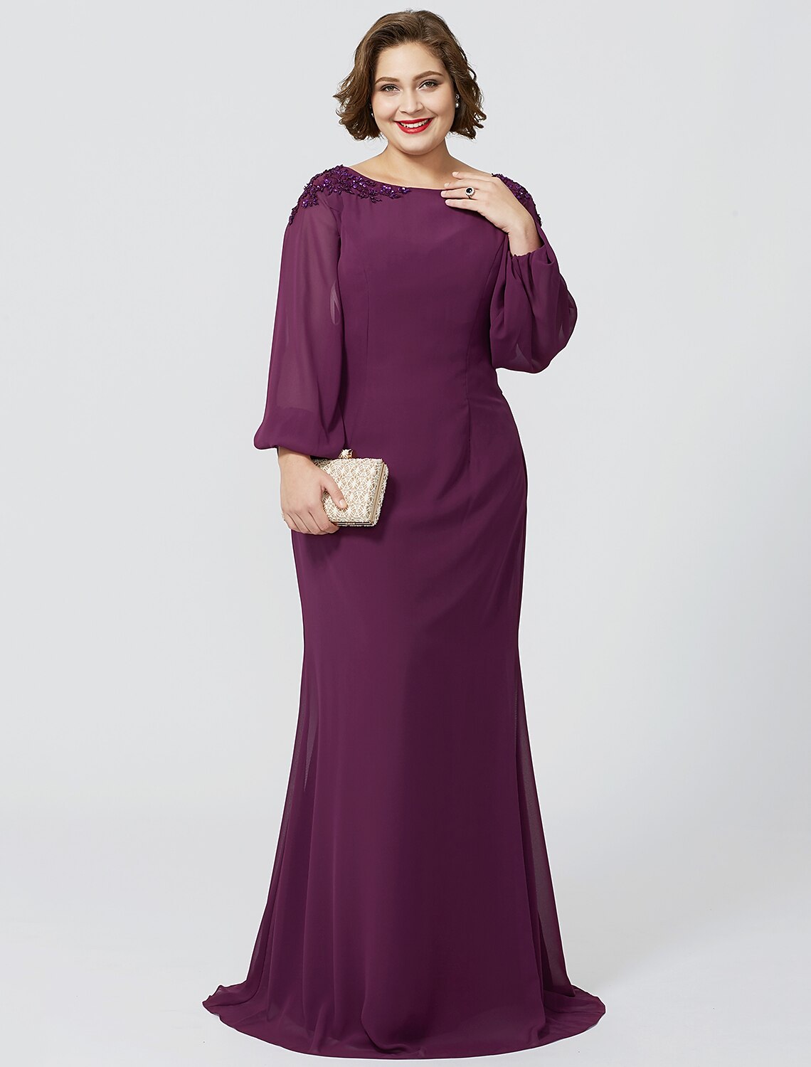 wholesale  Sheath / Column Mother of the Bride Dress Formal Classic & Timeless Elegant & Luxurious Plus Size Bateau Neck Floor Length Chiffon Long Sleeve No with Beading Appliques