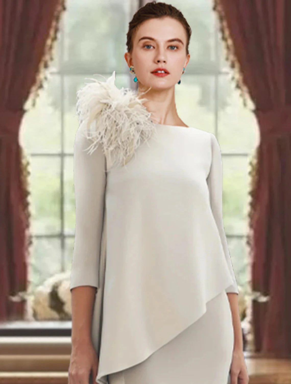 wholesale Sheath / Column Mother of the Bride Dress Formal Wedding Guest Elegant Scoop Neck Sweep / Brush Train Stretch Fabric 3/4 Length Sleeve with Feather
