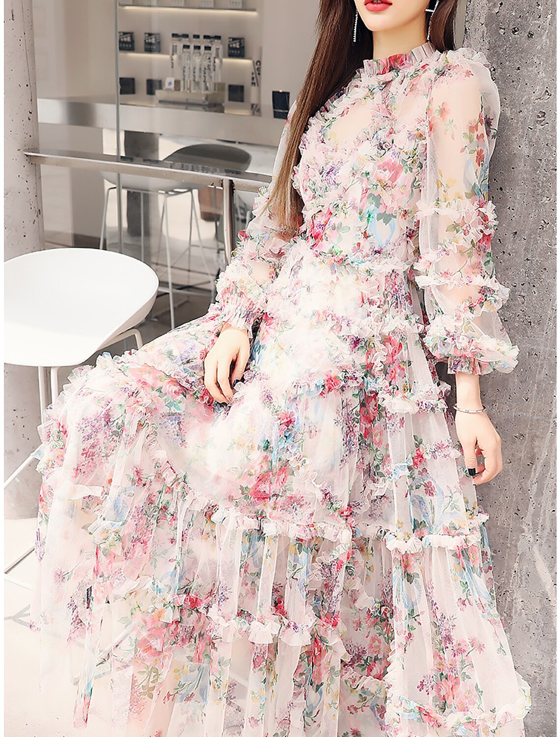 Wholesa A-Line Prom Dresses Floral Dress Wedding Guest Engagement Ankle Length Long Sleeve Jewel Neck Polyester with Ruffles Pattern / Print