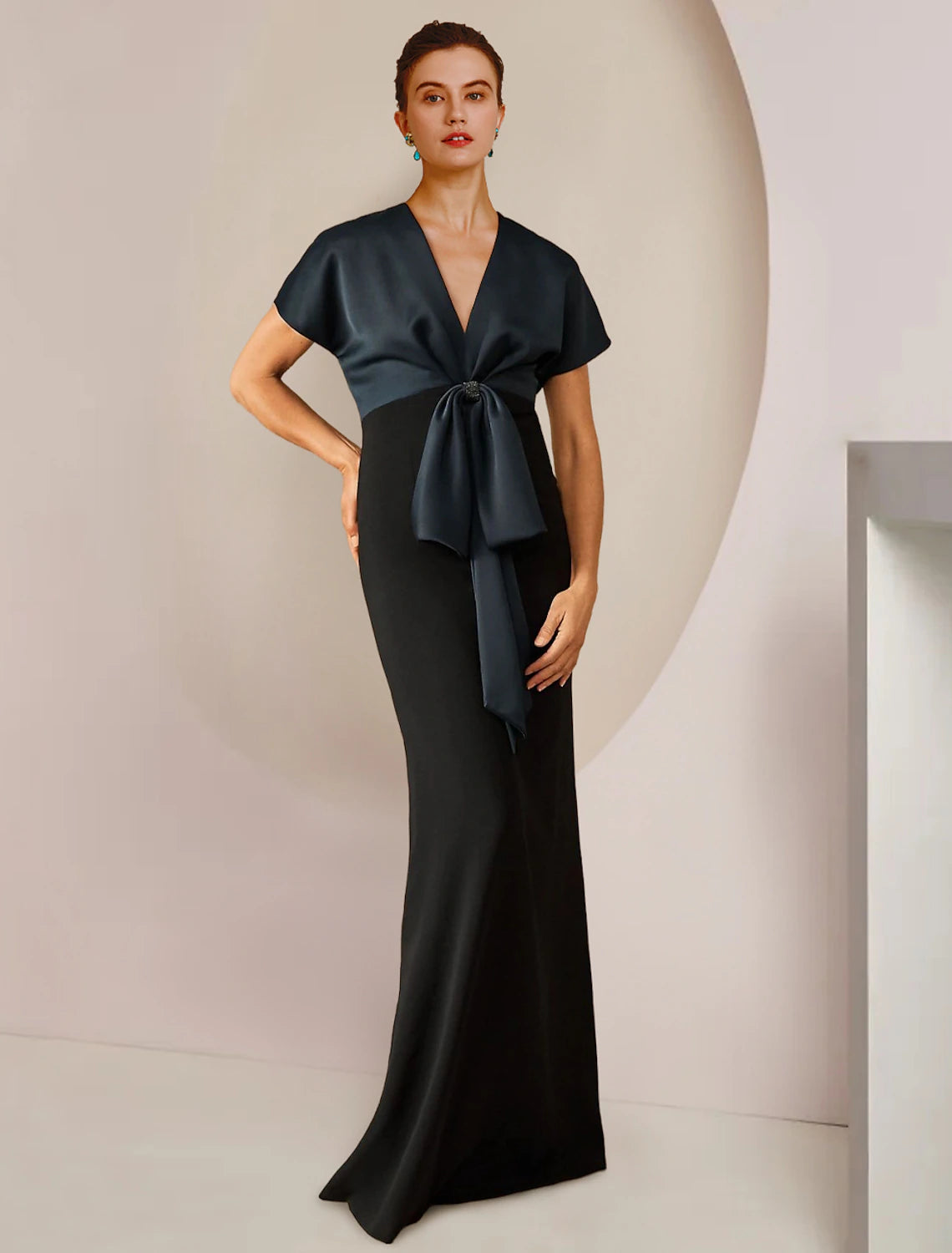 wholesale  Sheath / Column Mother of the Bride Dress Formal Wedding Guest Party Elegant Jewel Neck Floor Length Satin Short Sleeve with Bow(s) Color Block