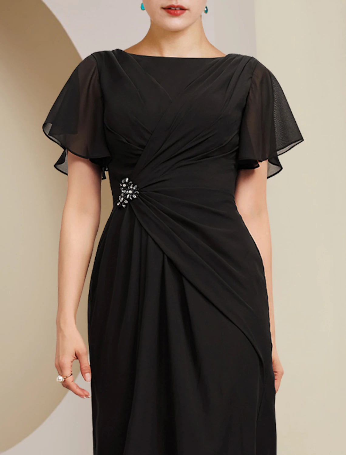 wholesale  Sheath / Column Mother of the Bride Dress Wedding Guest Elegant Scoop Neck Ankle Length Chiffon Short Sleeve with Crystal Brooch Side-Draped