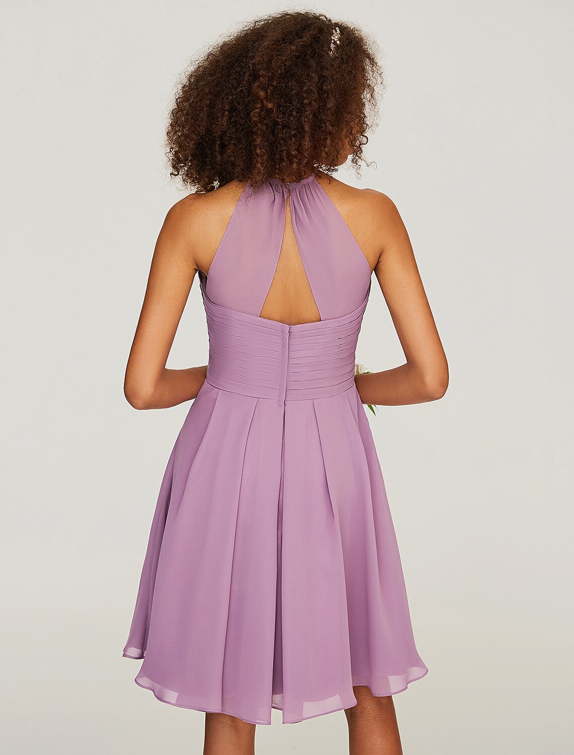 Wholesa  A-Line Bridesmaid Dress Halter Neck Sleeveless Keyhole Knee Length Chiffon with Ruffles