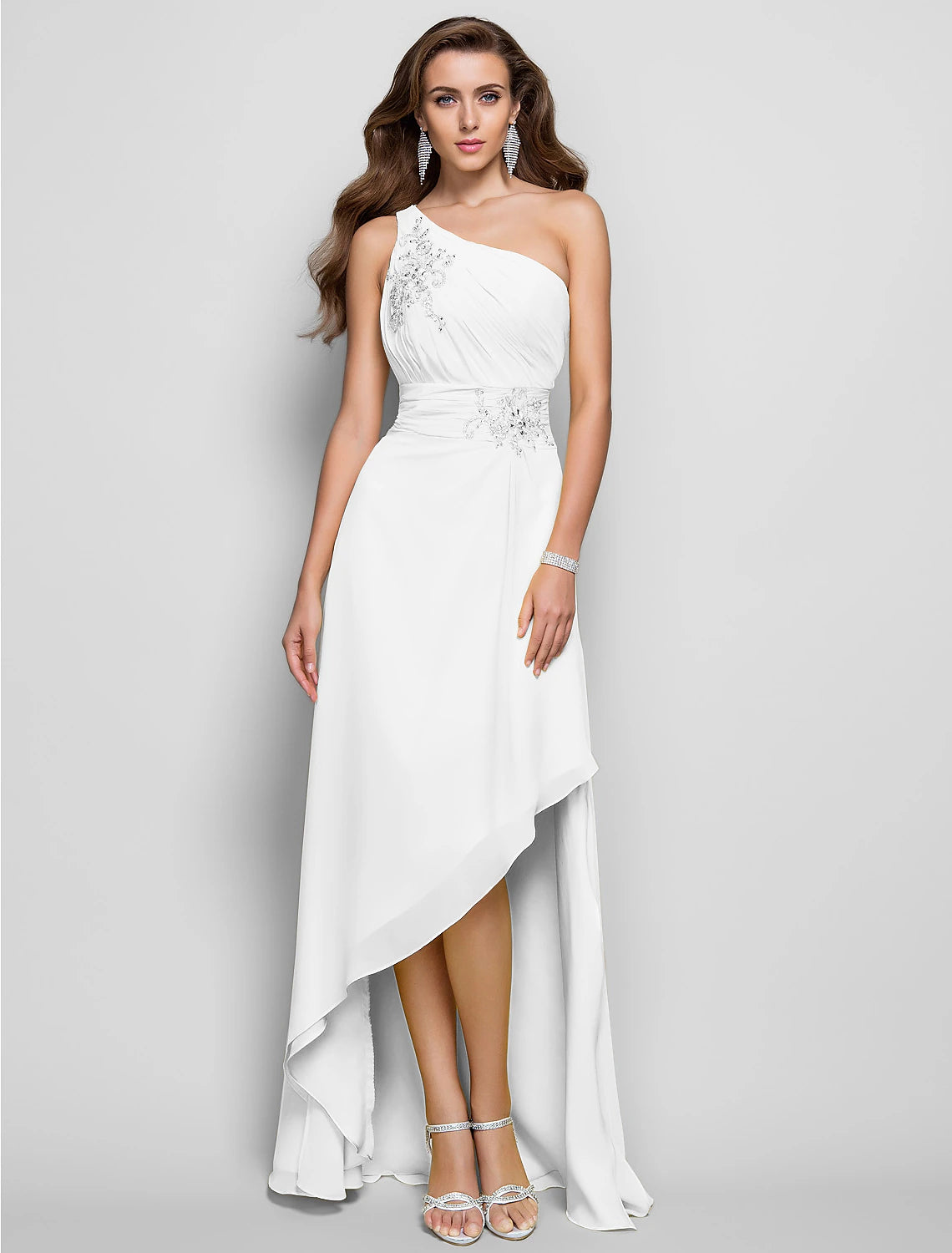 Wholesa Sheath / Column Elegant Dress Wedding Guest Cocktail Party Asymmetrical Sleeveless One Shoulder Bridesmaid Dress Chiffon with Beading Slit Appliques
