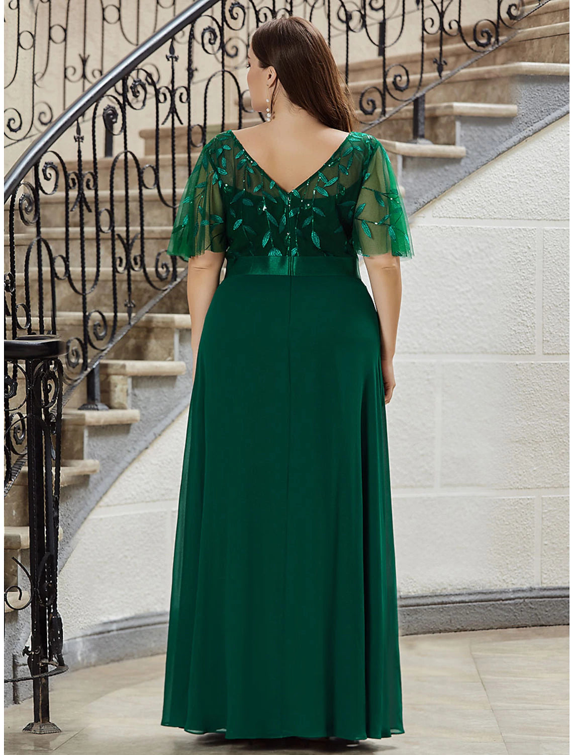 Wholesa A-Line Prom Dresses Empire Dress Evening Party Wedding Guest Floor Length Short Sleeve Jewel Neck Bridesmaid Dress Chiffon V Back with Sequin