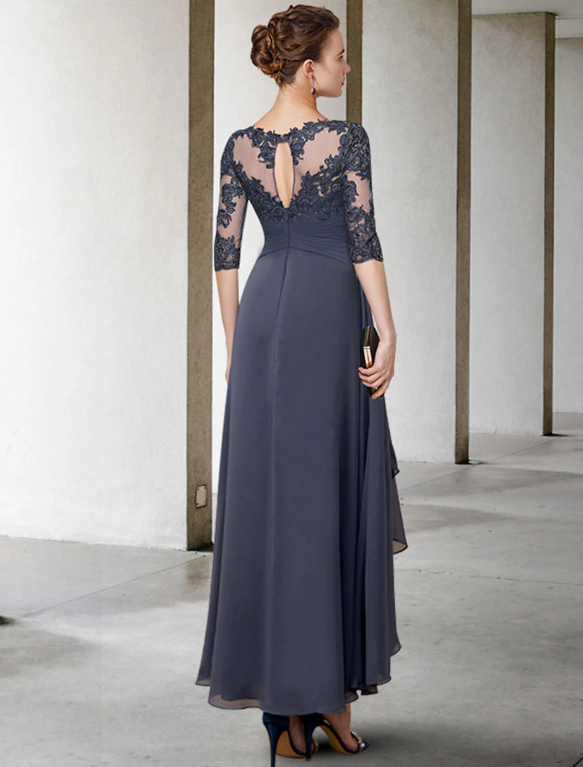 wholesale  A-Line Mother of the Bride Dress Fall Wedding Guest Plus Size Elegant High Low Jewel Neck Asymmetrical Tea Length Chiffon Lace Half Sleeve with Ruched Appliques