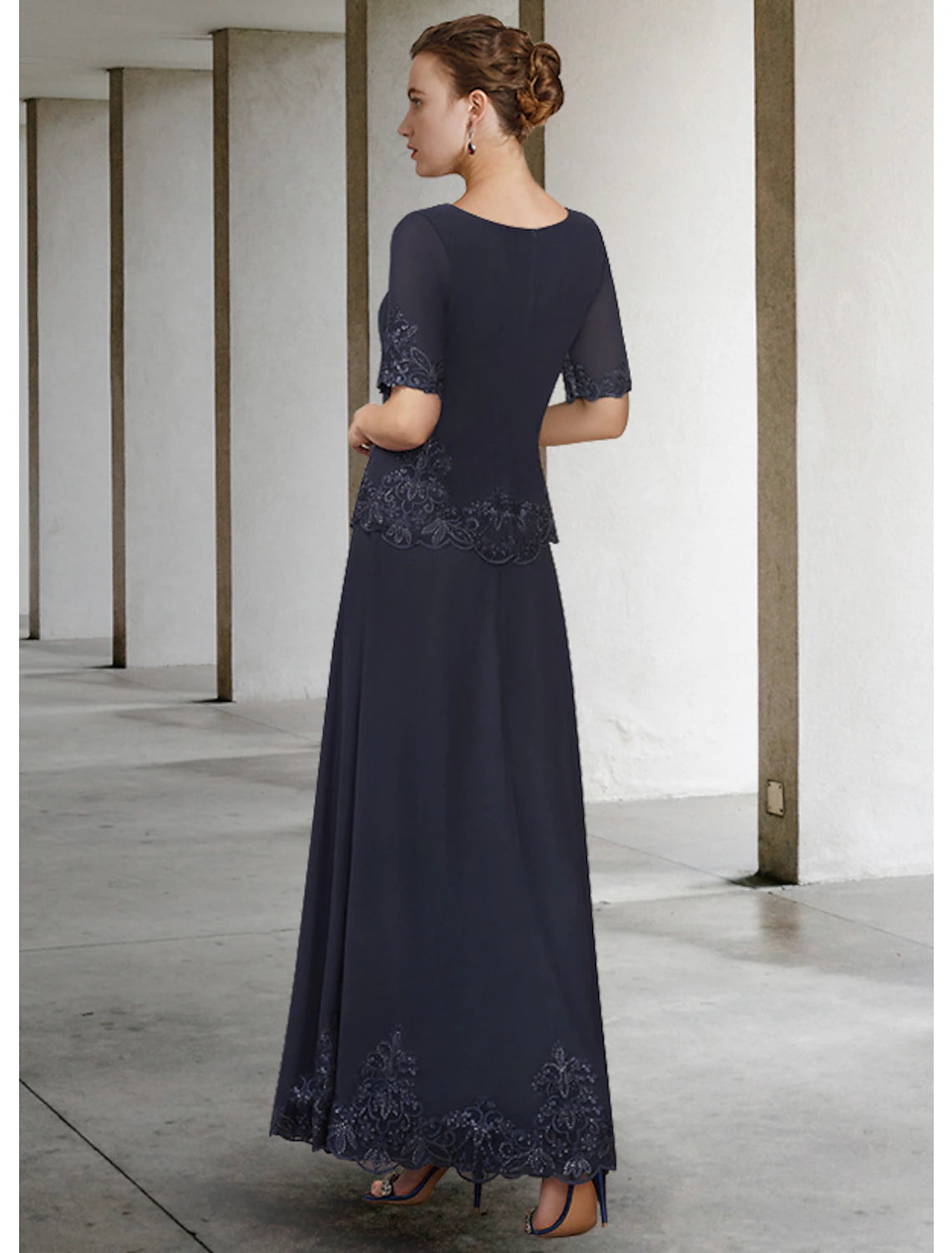 wholesale  A-Line Mother of the Bride Dress Elegant V Neck Ankle Length Chiffon Lace Short Sleeve with Appliques