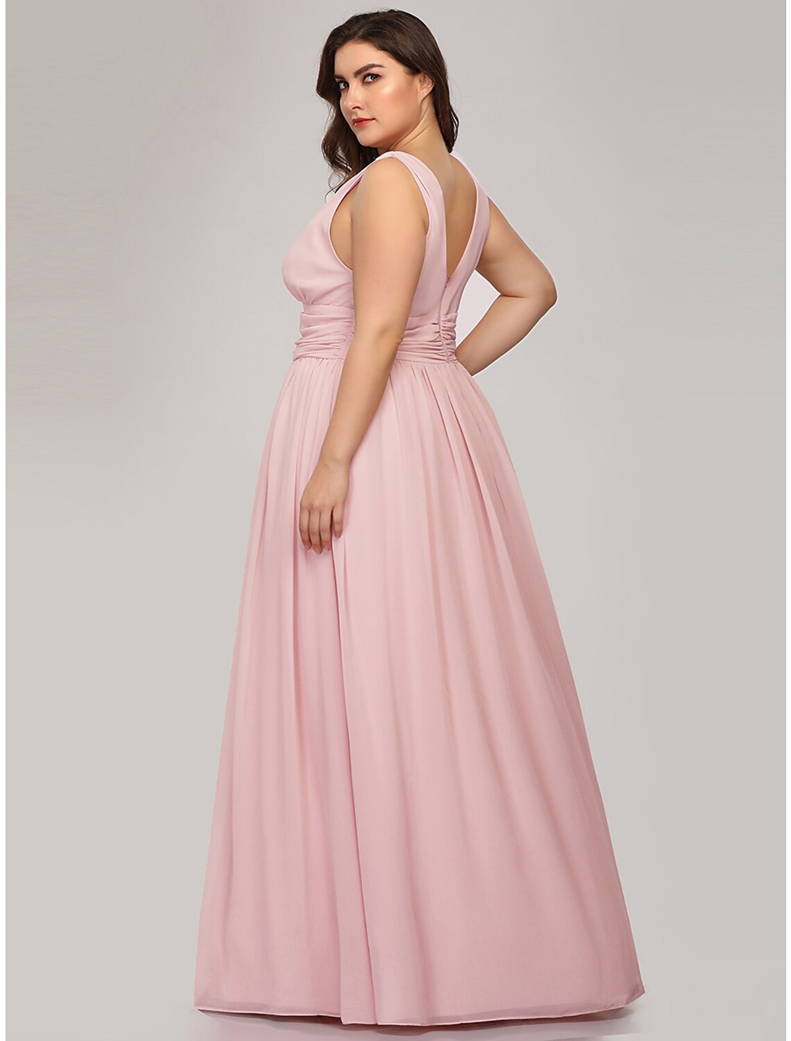 Wholesa A-Line Plus Size Wedding Guest Formal Evening Dress V Neck V Back Sleeveless Floor Length Chiffon with Pleats