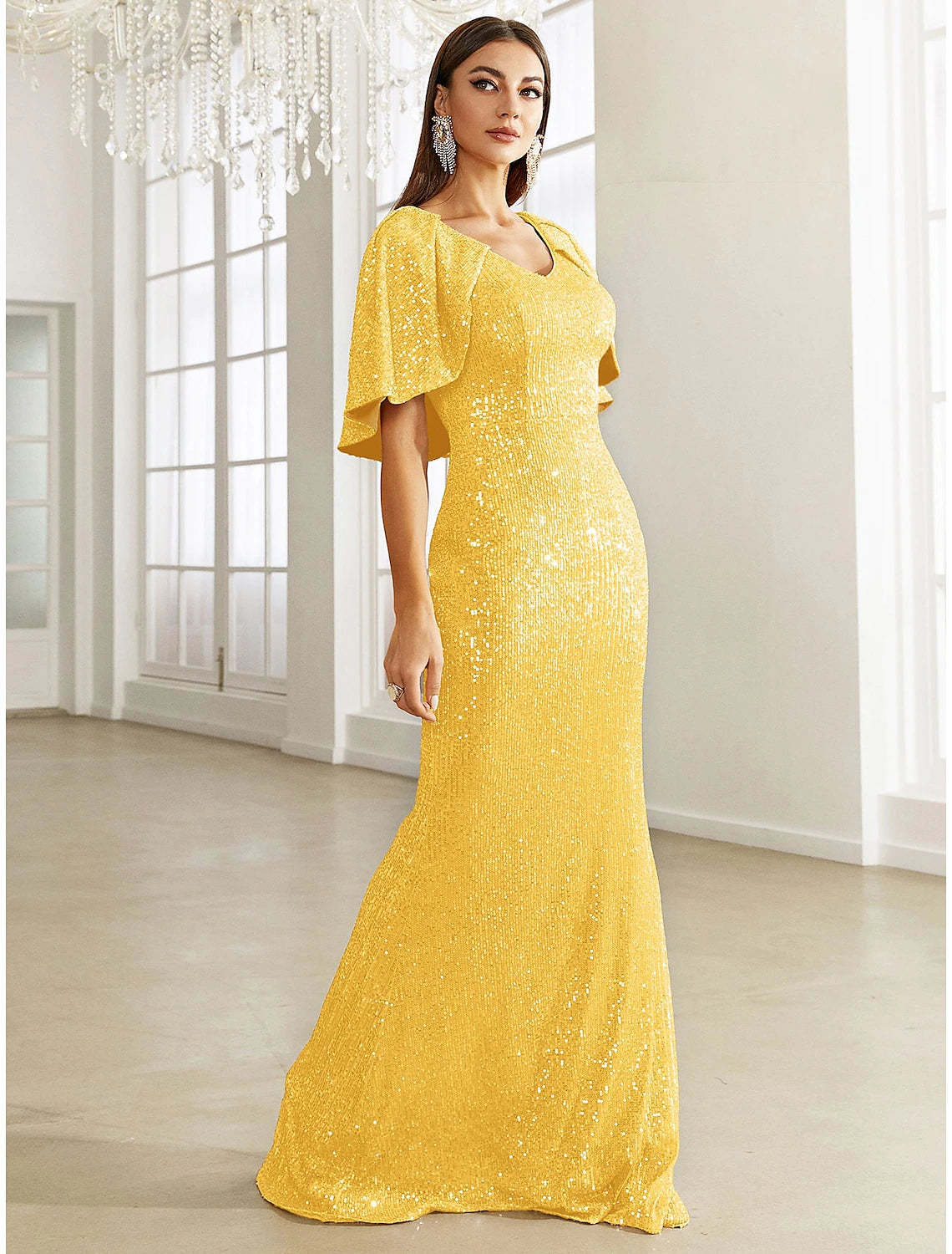 Wholesa Mermaid / Trumpet Evening Gown Sparkle & Shine Dress Formal Fall Sweep / Brush Train Half Sleeve V Neck Sequined with Glitter