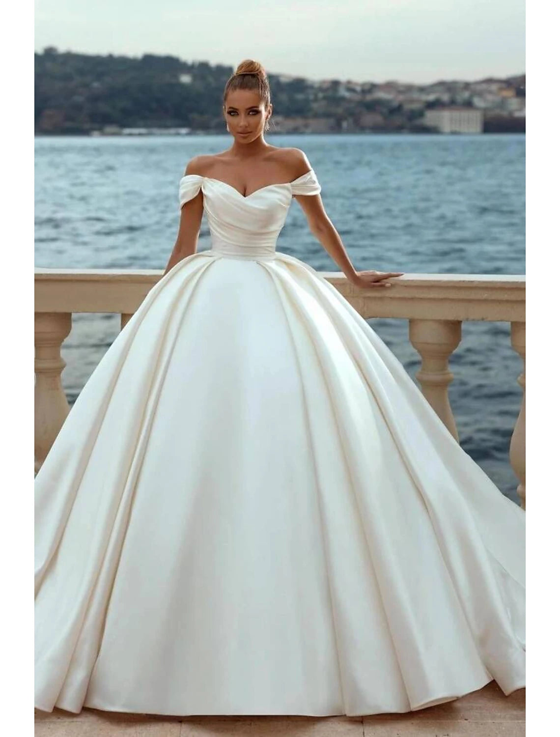 wholesale   Engagement Formal Wedding Dresses Ball Gown Off Shoulder Cap Sleeve Court Train Satin Church Bridal Gowns With Ruched Solid Color Summer Fall Wedding Party