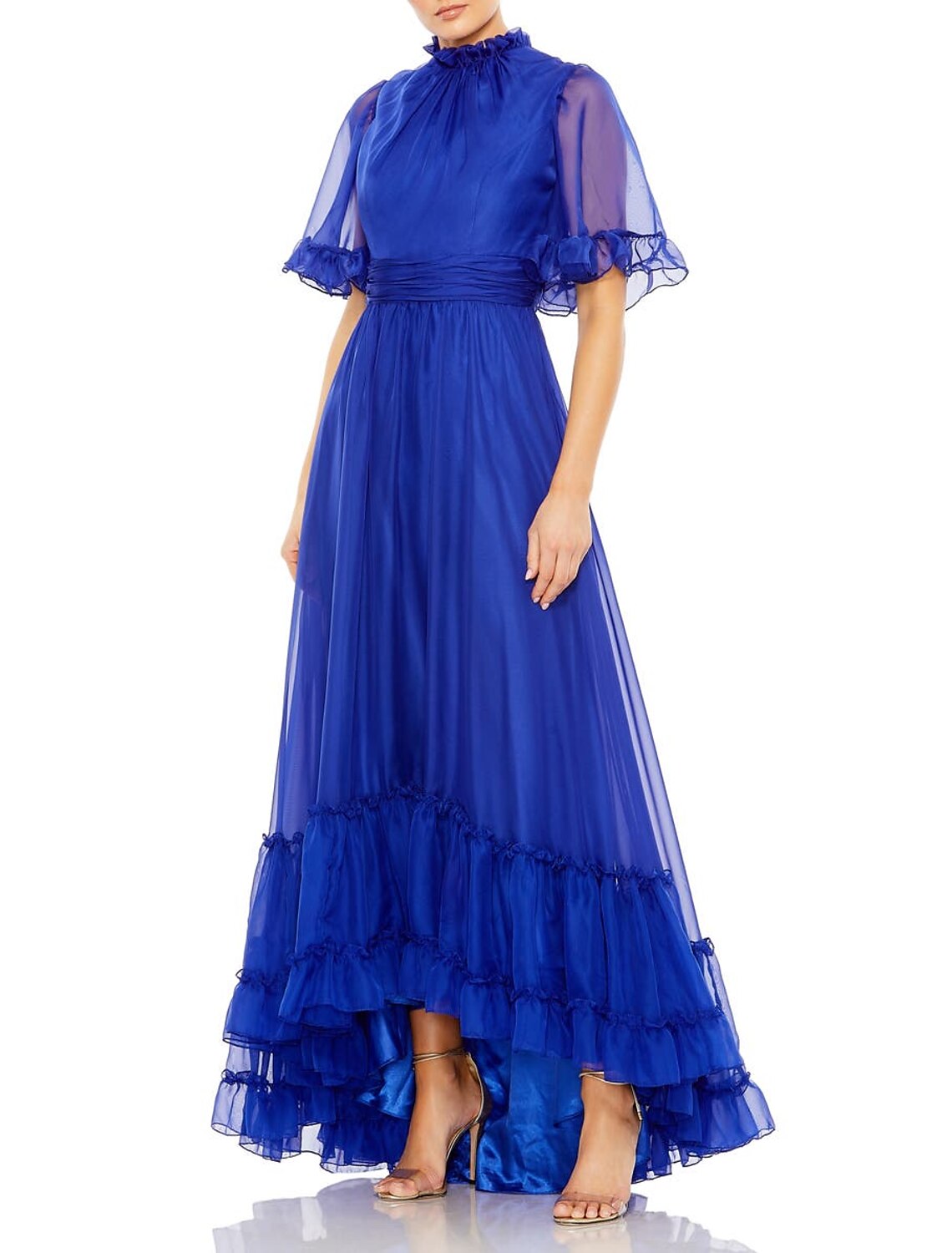 Wholesa A-Line Evening Gown Elegant Dress Wedding Guest Black Tie Floor Length Short Sleeve High Neck Chiffon with Ruched