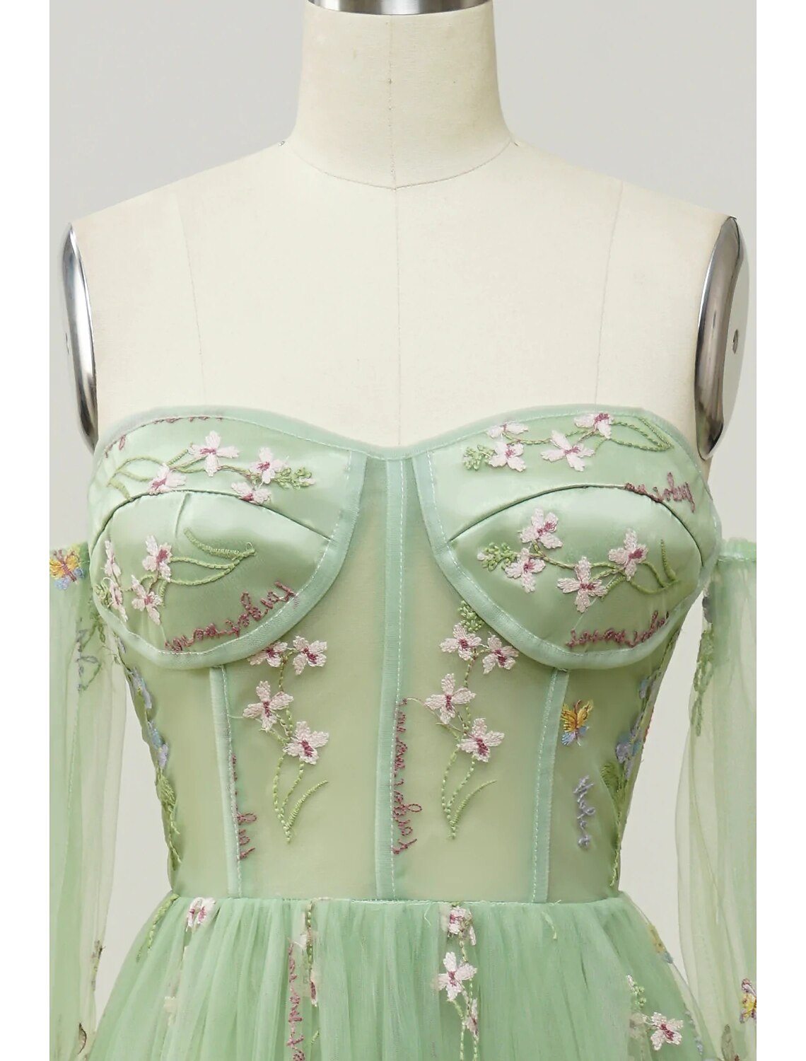 Wholesa A-Line Evening Gown Floral Dress Formal Prom Floor Length Long Sleeve Sweetheart Lace Backless with Pleats Appliques